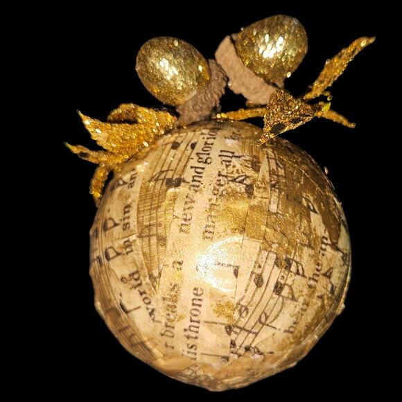 Set of 10 Vintage Style Christmas Ornaments Sheet Music Decoupage Gold Glitter - Picture 1 of 6